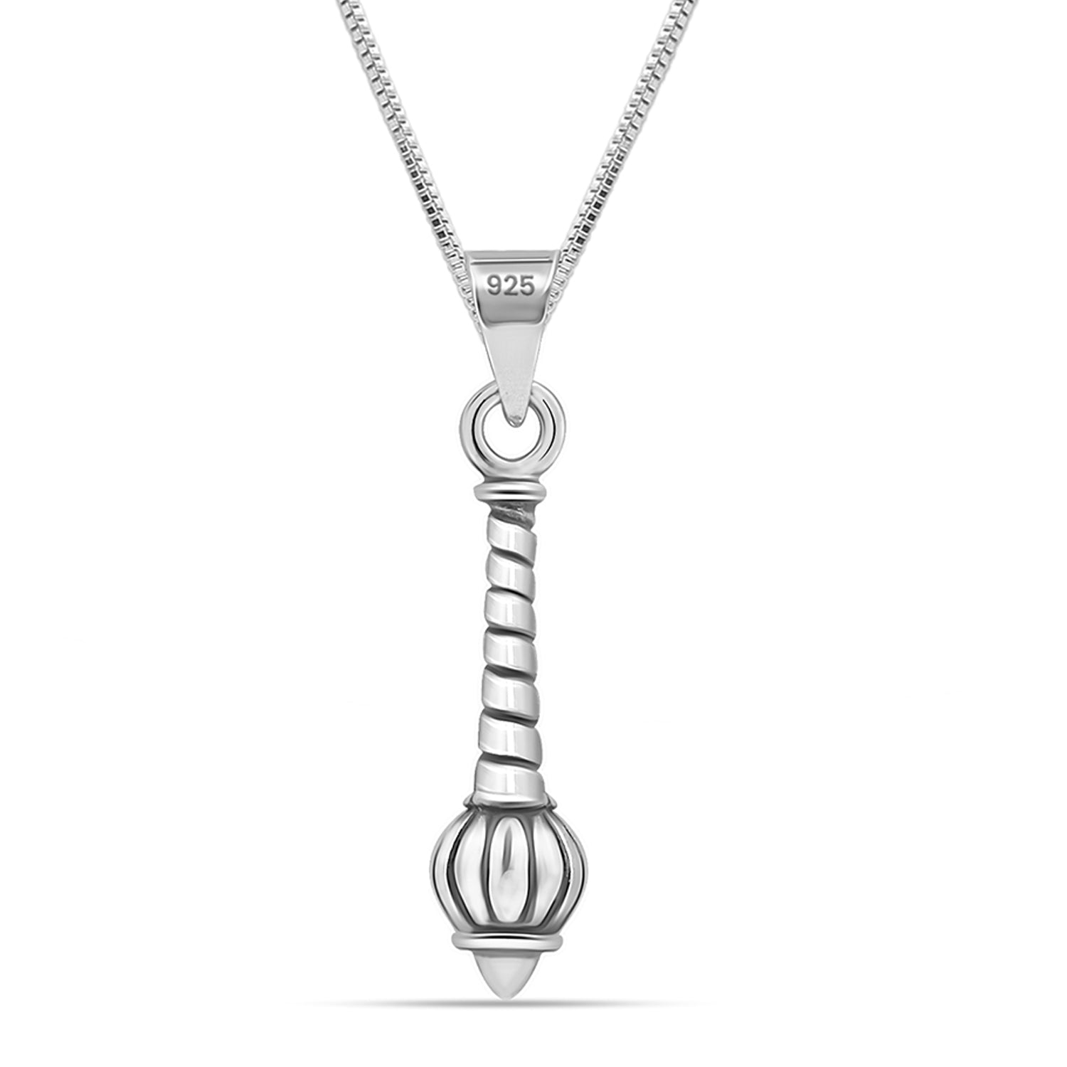 A sterling silver oxidized Hanuman Gada pendant necklace with a box chain. The pendant is shaped like a club with decorative elements and has the '925' sterling silver stamp.