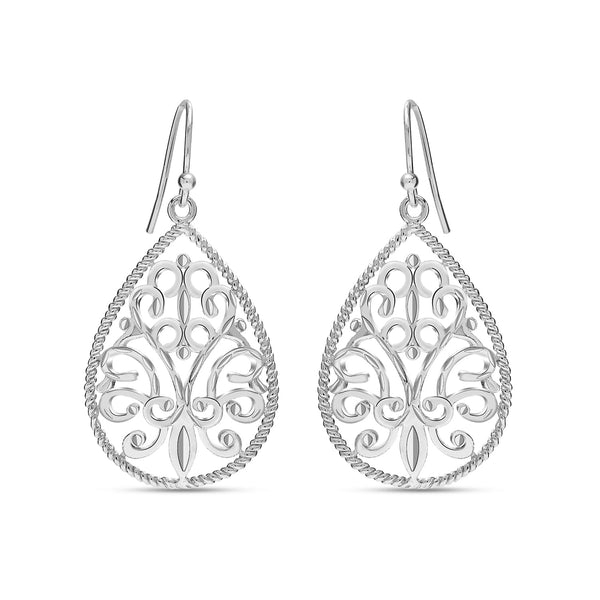 925 Sterling Silver Floral Filigree French Wire Classic Filigree Teardrop Drop Dangle Earrings for Women