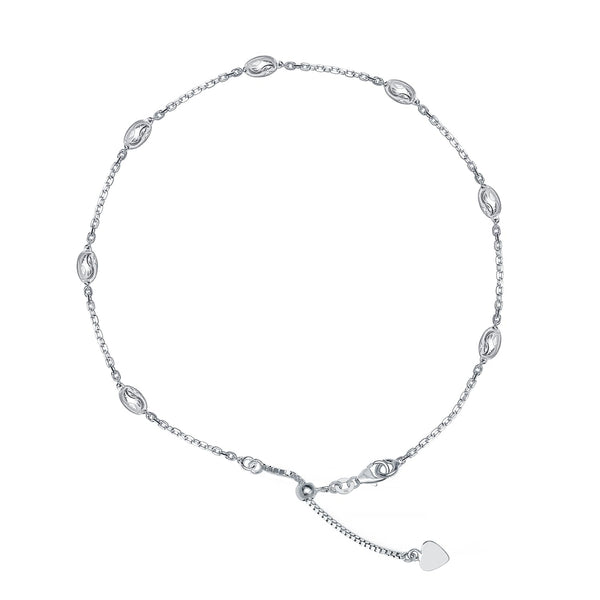 925 Sterling Silver Oval Moon Bead Station Chain Anklets for Women (SINGLE ANKLET)