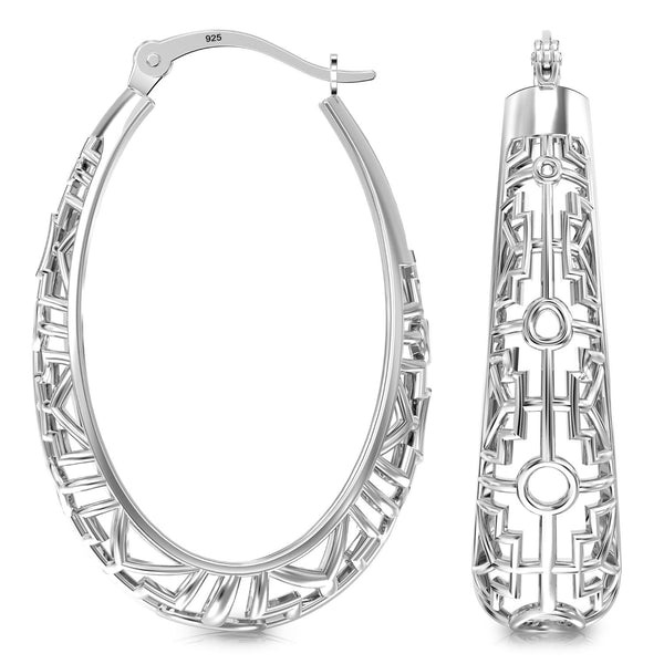 925 Sterling Silver Filigree Mesh Oval Shape Click-Top Hoop Earrings for Women