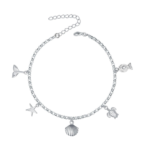 925 Sterling Silver Starfish Seashell Conch Turtle Charm Ocean Beach  Anklets for Women(SINGLE ANKLET)