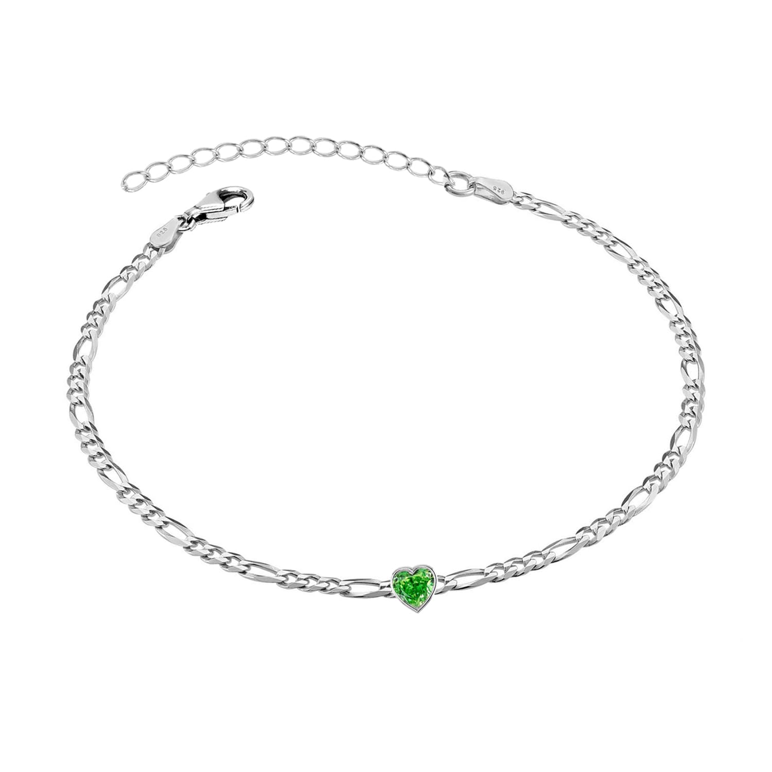 925 Sterling Silver Figaro Chain Heart Shaped Cubic Zirconia Anklet for Women