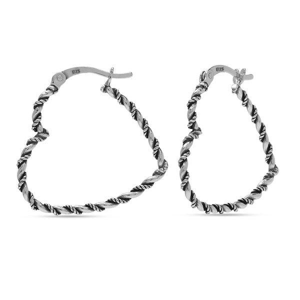 925 Sterling Silver Antique Weaved Heart Shape Lightweight Twisted Rope Design Click-Top Hoop Earrings for Women Teen