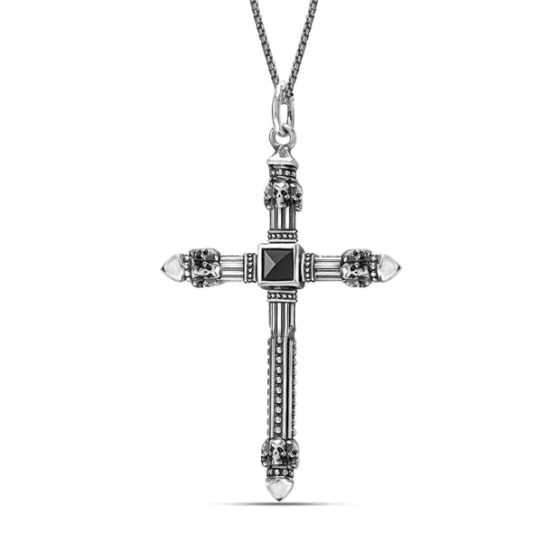 925 Sterling Silver Black Onyx Vintage Gothic Punk Cross Pendant Necklace for Men