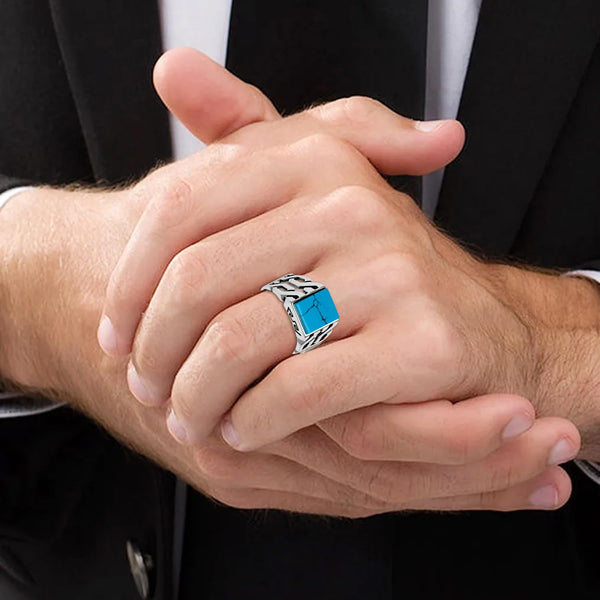 925 Sterling Silver Square Turquoise Stone Handmade Cuban Link Chain Motif Finger Rings for Men