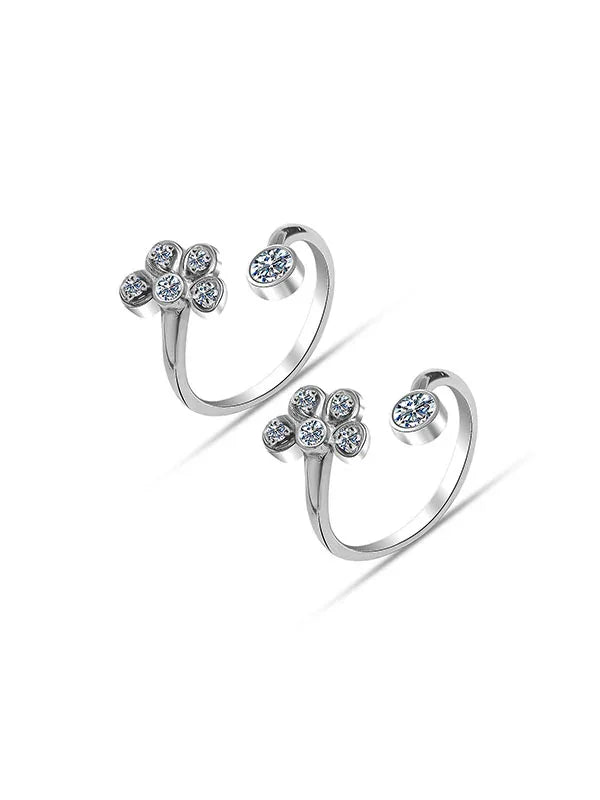 925 Sterling Silver Adjustable Toe Ring - Cubic Zirconia CZ 3-Stone - Women's