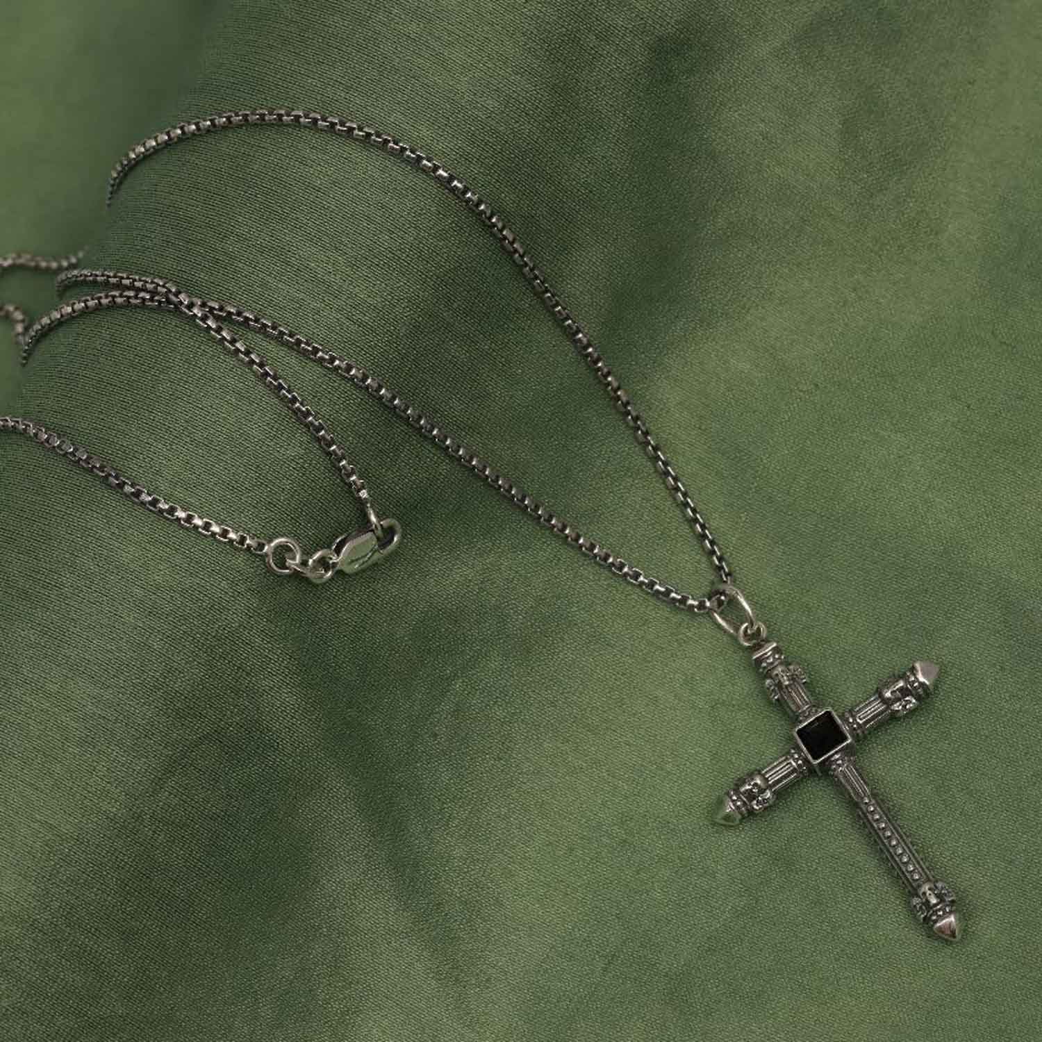 925 Sterling Silver Black Onyx Vintage Gothic Punk Cross Pendant Necklace for Men