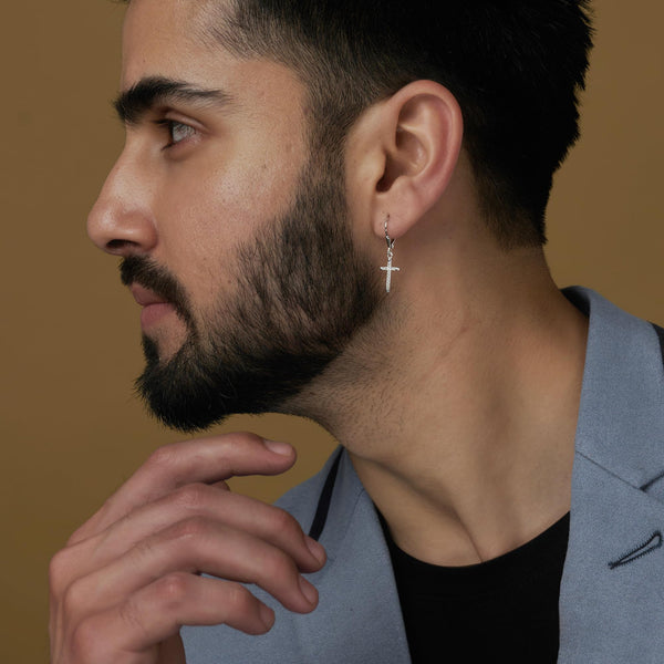 925 Sterling Silver Leverback Dangle Drop CZ Cross Earrings With Gift Box for Men