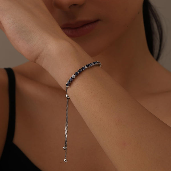 925 Sterling Silver Rhodium Plated Blue Sapphire and Cubic Zirconia Tennis Sliding Bolo Bracelet With Premium Mother's Day Gift Box for Women