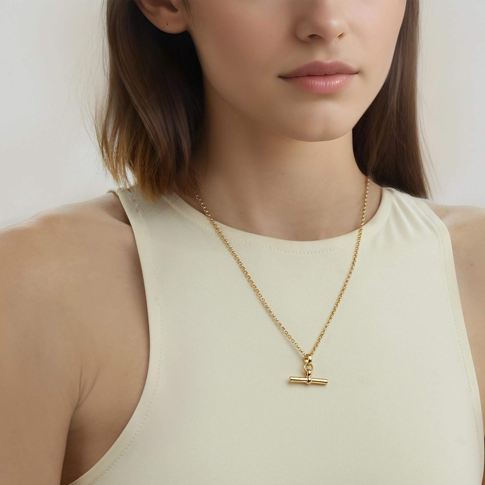 925 Sterling Silver 14K Gold-Plated T-Bar Rolo Link Chain Pendant Necklace for Women