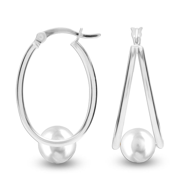 925 Sterling Silver Pearl Oval Hoop Earrings for Women