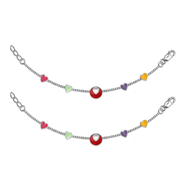 925 Sterling Silver Enameled Heart Shaped Modern Anklets for Kids 2 to 6 Year Girls (PAIR ANKLET)