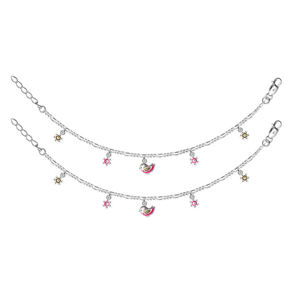 925 Sterling Silver Enameled Bird Shape Modern Anklets for Kids 2 to 6 Year Girls (PAIR ANKLET)