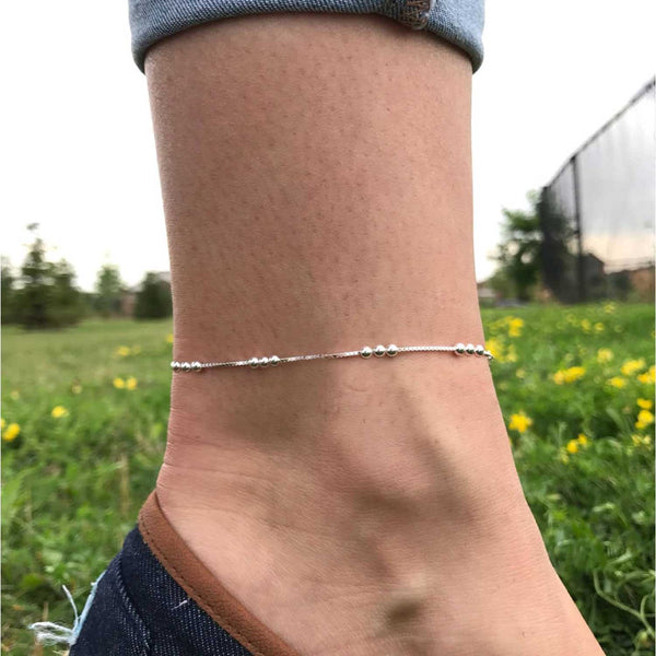 925 Sterling Silver Ball Bead Station Link Chain Anklet for Women and Girls (SINGLE ANKLET)