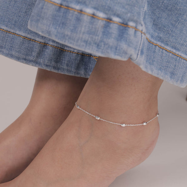 925 Sterling Silver Oval Moon Bead Station Chain Anklets for Women (SINGLE ANKLET)