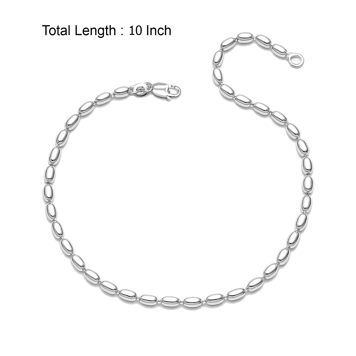 925 Sterling Silver Oval Rice Bead Ball Chain Anklet for Women