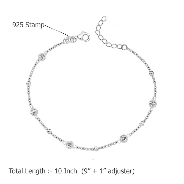 925 Sterling Silver Cubic Zirconia & Ball Beads Link Chain Anklet For Women