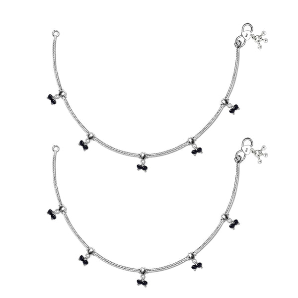 925 Sterling Silver Diamond Cut Black Bead Anklets for Women (PAIR ANKLET)
