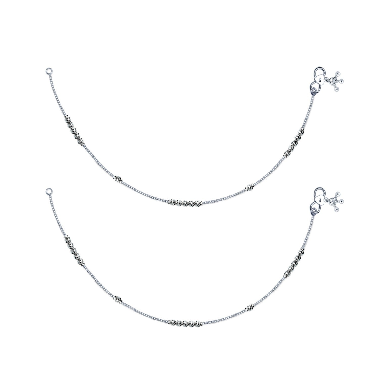925 Sterling Silver Modern Diamond Cut Bead Anklets for Women And Girls (PAIR ANKLET)