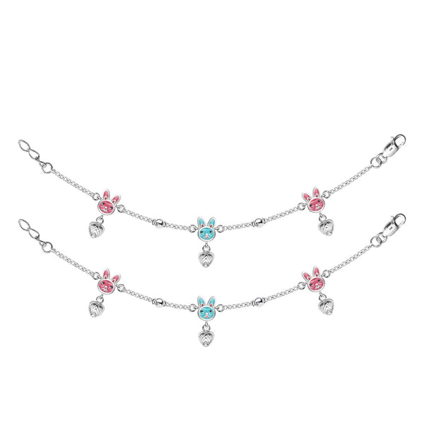 925 Sterling Silver Enameled Rabbit Modern Anklets for Kids 2 to 6 Year Girls (PAIR ANKLET)