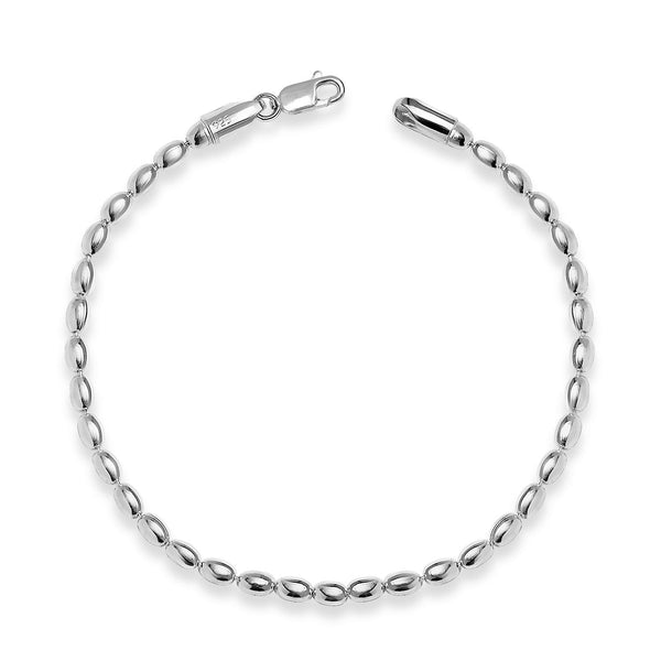 925 Sterling Silver 0.3CM Italian Oval Bead Ball Strand Link Chain Bracelet for Women