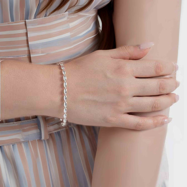 925 Sterling Silver 0.3CM Italian Oval Bead Ball Strand Link Chain Bracelet for Women