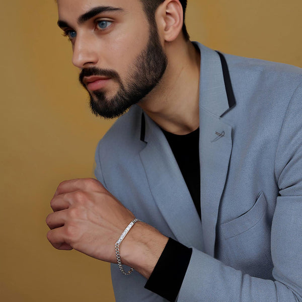 925 Sterling Silver Zirconia Stones Bar Cuban Link Chain ID Bracelet for Men