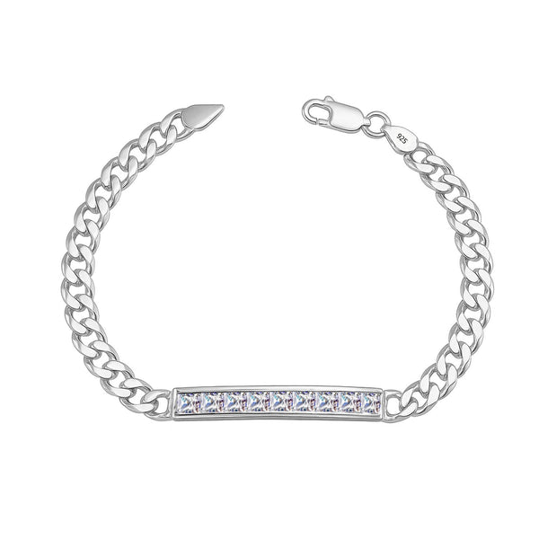 925 Sterling Silver Zirconia Stones Bar Cuban Link Chain ID Bracelet for Men