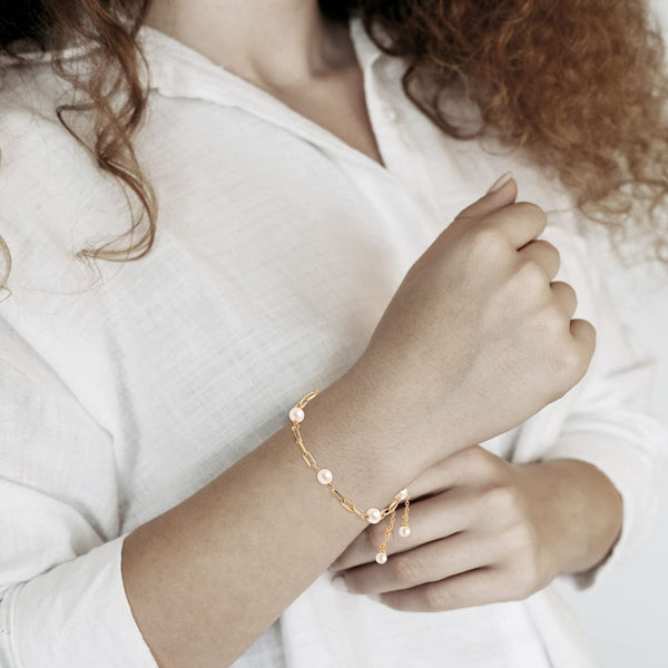 925 Sterling Silver 14K Gold-Plated Paper Clip Link Pearl Sliding Bolo Bracelet for Women