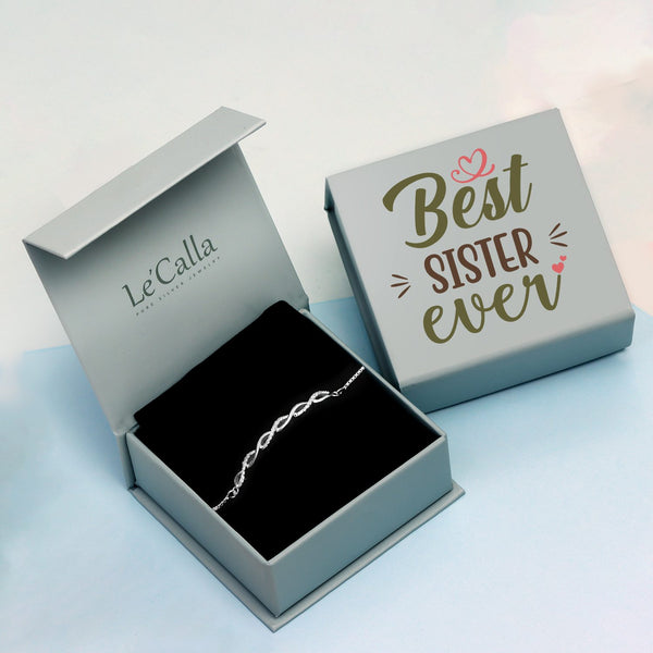 925 Sterling Silver Infinity Twisted Zirconia Adjustable Bolo Bracelet with Raksha Bandhan Gift Box For Sister