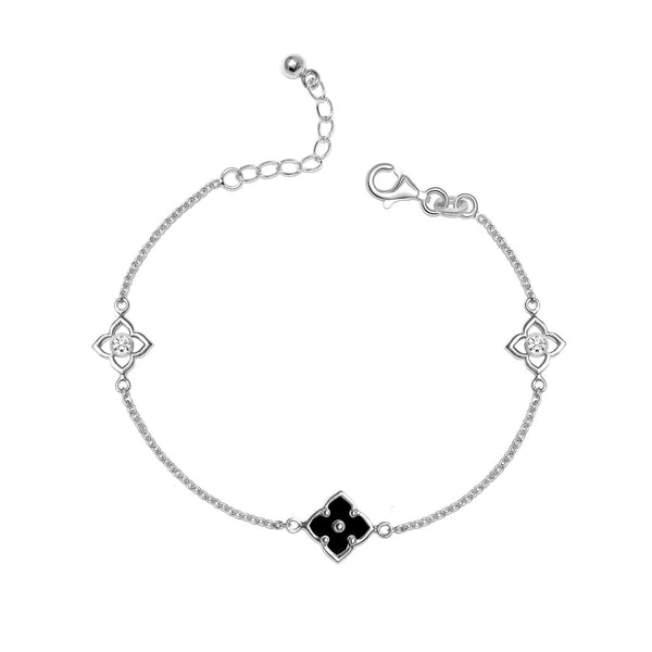 925 Sterling Silver Black Mother of Pearl Cubic Zirconia Adjustable Malachite Flower Bracelet for Women Teen