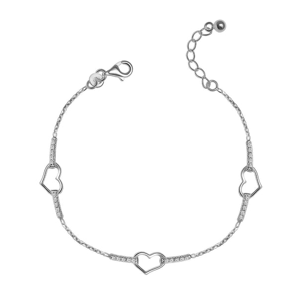925 Sterling Silver CZ Open Love Heart Station Adjustable Cable Chain Link Bracelet for Women Teen