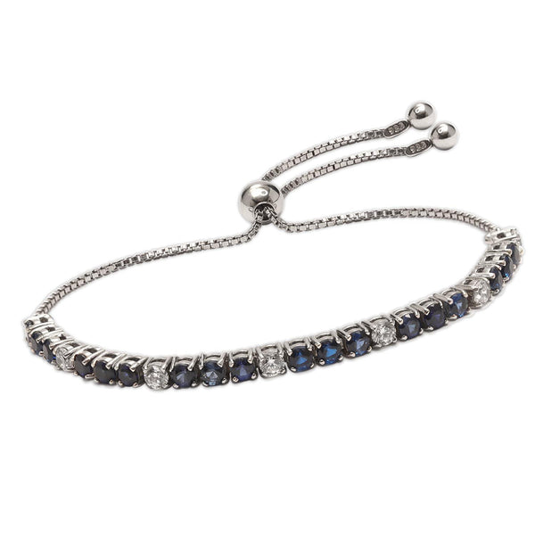 925 Sterling Silver Rhodium Plated Blue Sapphire and Cubic Zirconia Tennis Sliding Bolo Bracelet for Women