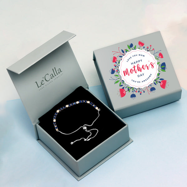 925 Sterling Silver Rhodium Plated Blue Sapphire and Cubic Zirconia Tennis Sliding Bolo Bracelet With Premium Mother's Day Gift Box for Women