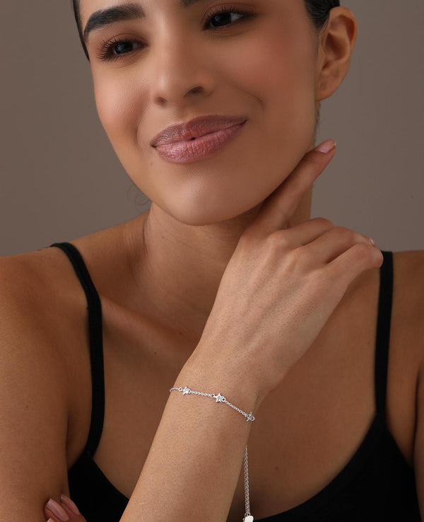 925 Sterling Silver Cubic Zirconia Star Station Link Chain Sliding Bolo Bead Bracelet for Women