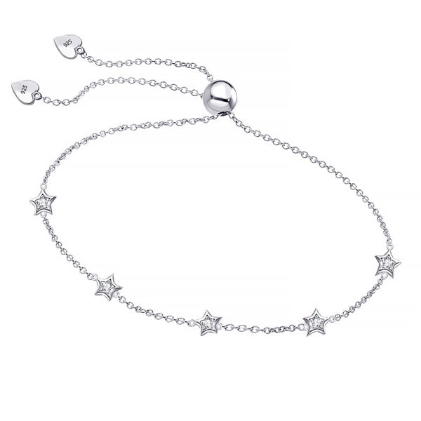 925 Sterling Silver Cubic Zirconia Star Station Link Chain Sliding Bolo Bead Bracelet for Women