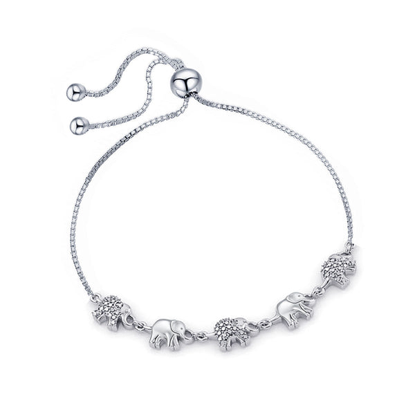 925 Sterling Silver CZ Adjustable Sliding Bolo Linked Elephant Bracelet for Women