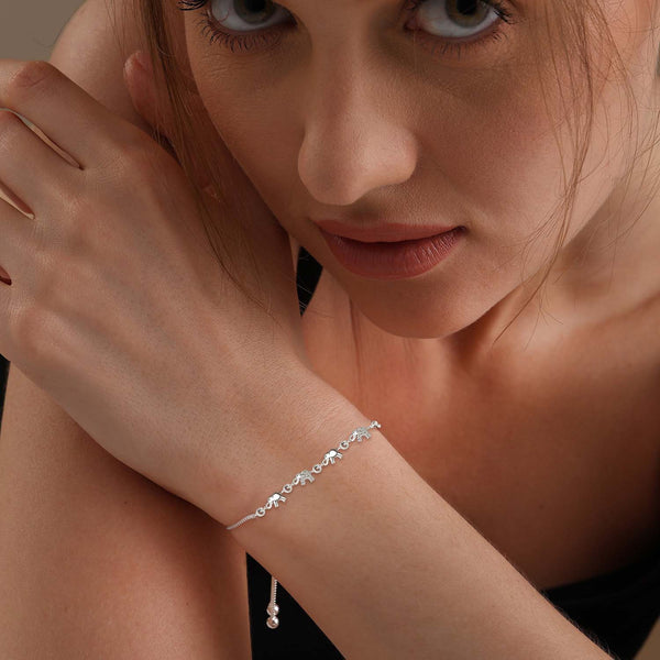925 Sterling Silver CZ Adjustable Sliding Bolo Linked Elephant Bracelet for Women