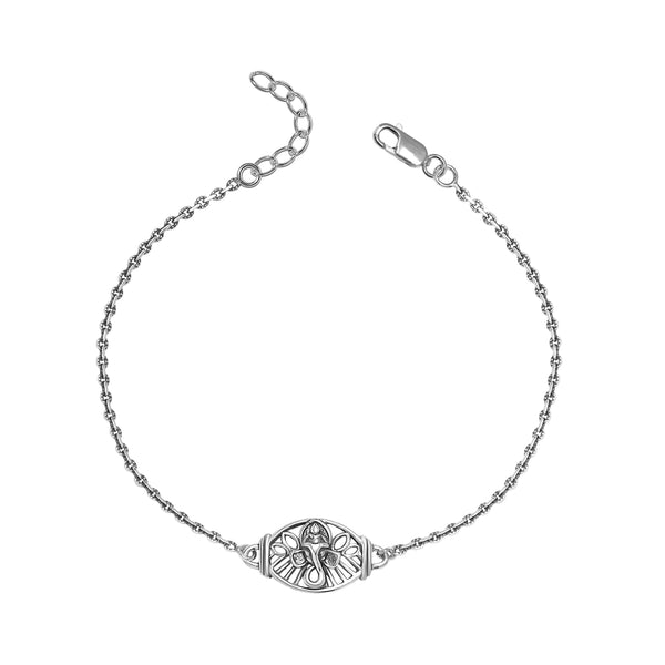 925 Sterling Silver Ganesh Ji Antique Finish Floral Design Bracelet for Men and Boys