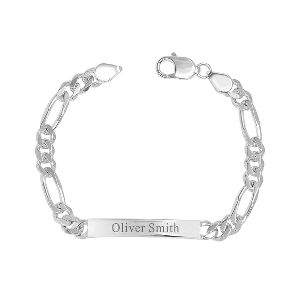 Personalised 925 Sterling Silver Engraved Name Figaro Chain Bracelet for Men and Boys