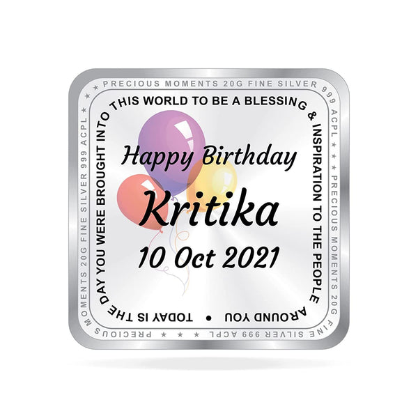 BIS Hallmarked Personalised Happy Birthday Silver Square Coin 20 Gram 999 Pure