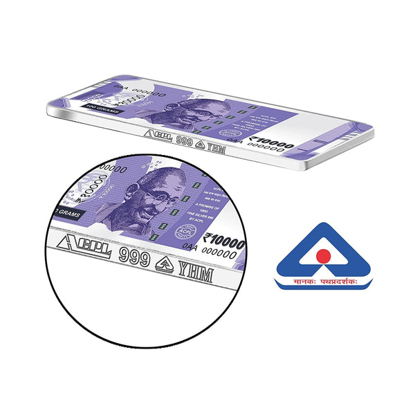 BIS Hallmarked Silver 100 Gram Currency Bar Rs.10000 999 Pure