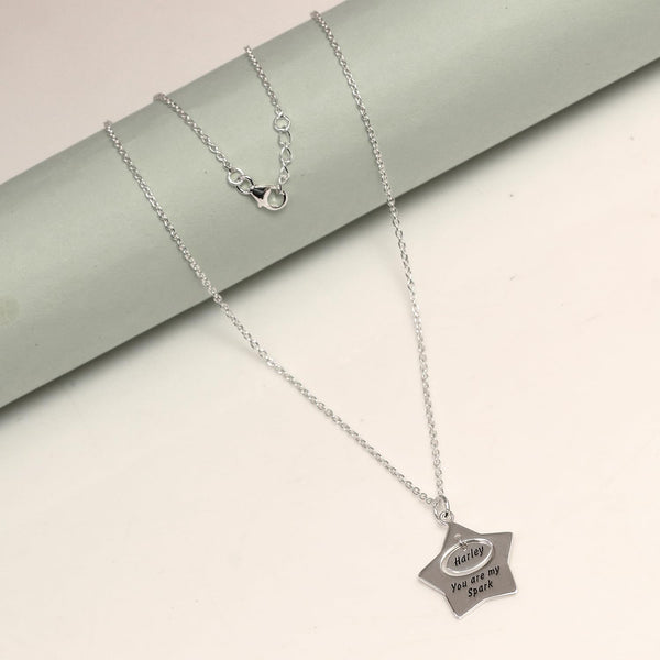 Personalised 925 Sterling Silver Engraved Name and Message Star Pendant Necklace with Personalised Message BOX for Women