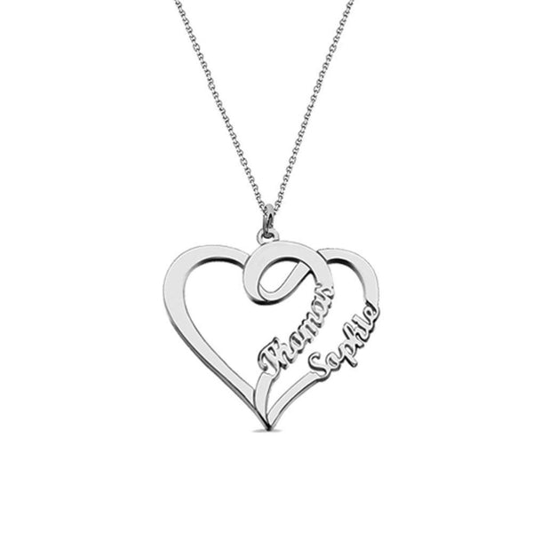 Personalised 925 Sterling Silver 2 Name Double Heart Pendant Necklace with Personalised Message Box for Teen Women