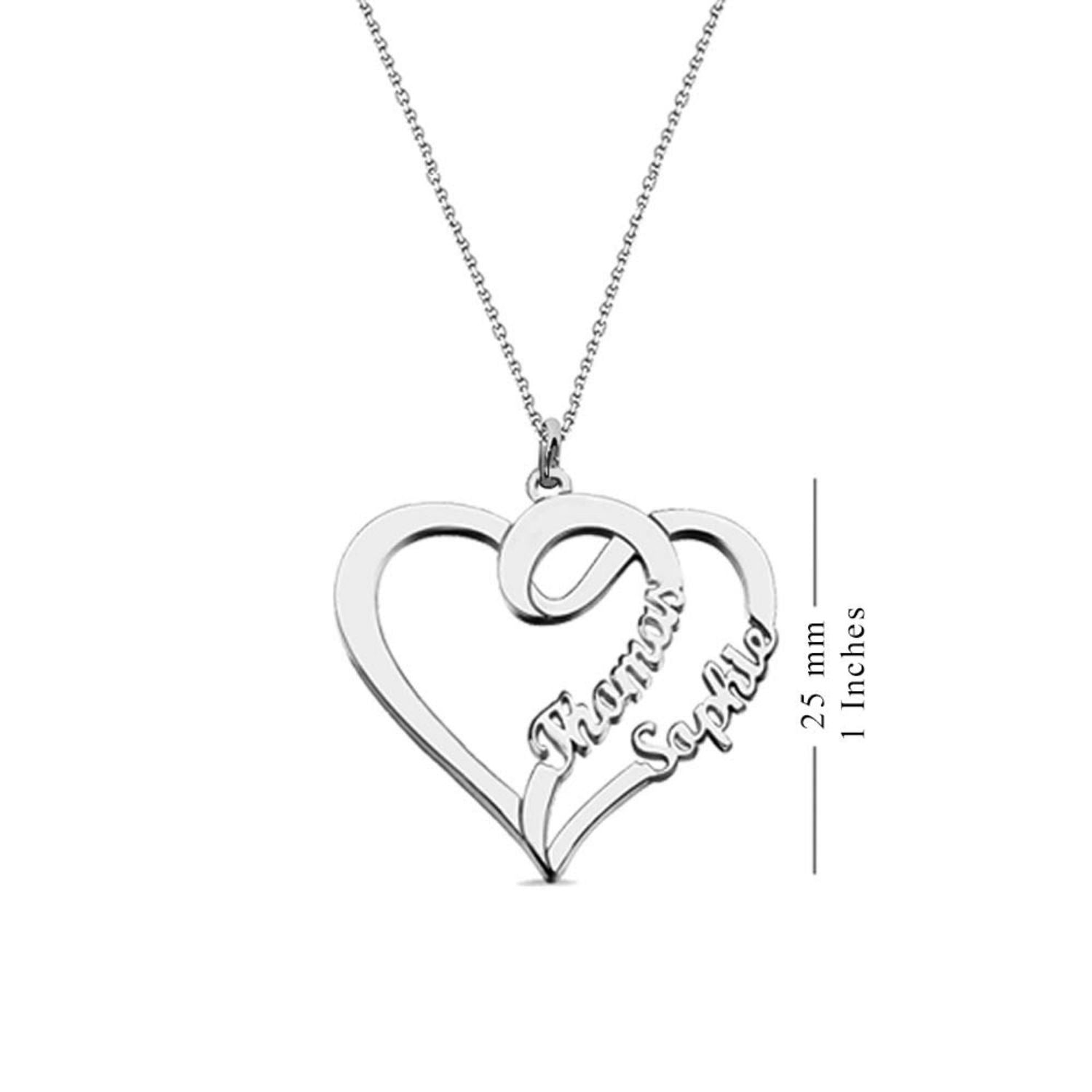 Personalised 925 Sterling Silver 2 Name Double Heart Pendant Necklace with Personalised Message Box for Teen Women