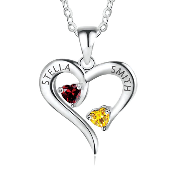 Personalised 2 Names with 2 Heart Birthstone Couple Pendant Necklace for Women and Teen