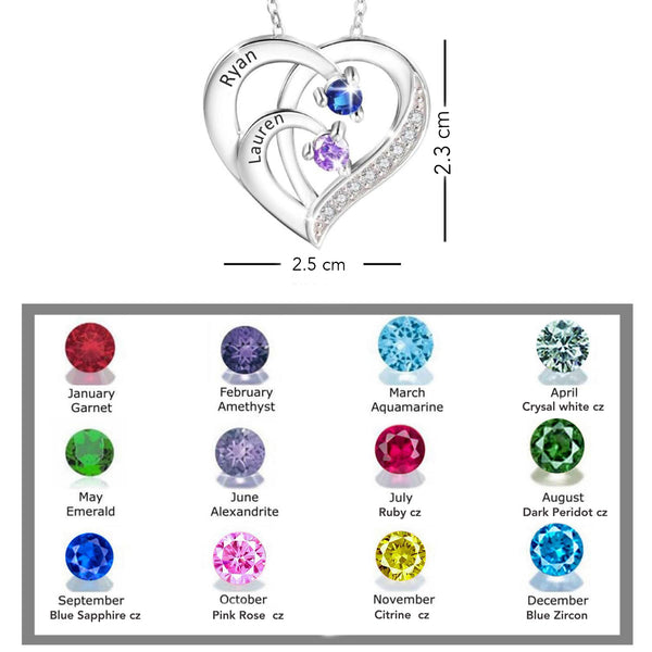 Personalised Three Name with Birthstone Heart Shape Necklace For Women