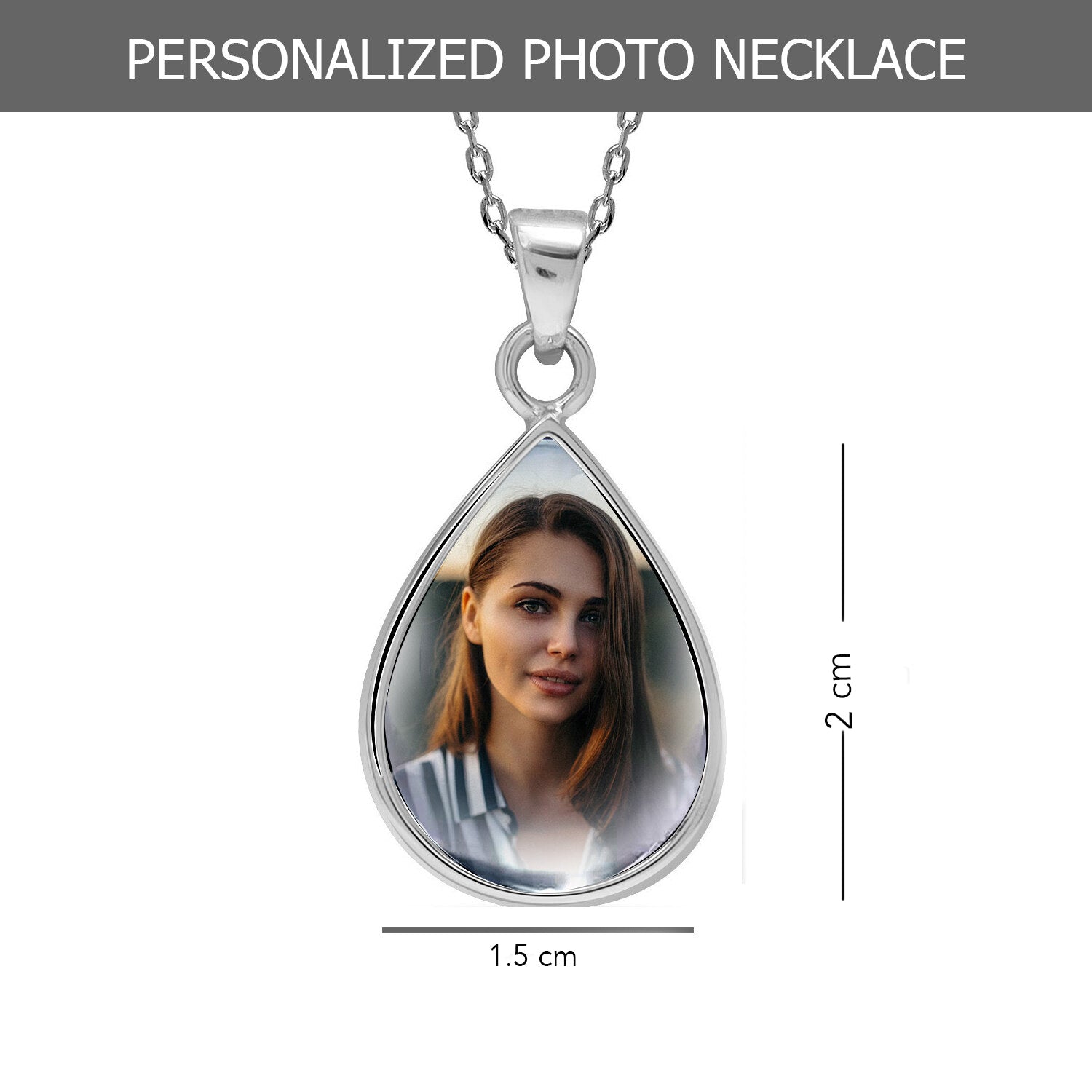 925 Sterling Silver Personalised Photo Double Sided Picture Drop Shape Transparent Resin Pendant Necklace with Personalised Photo & Message Box for Teen Women