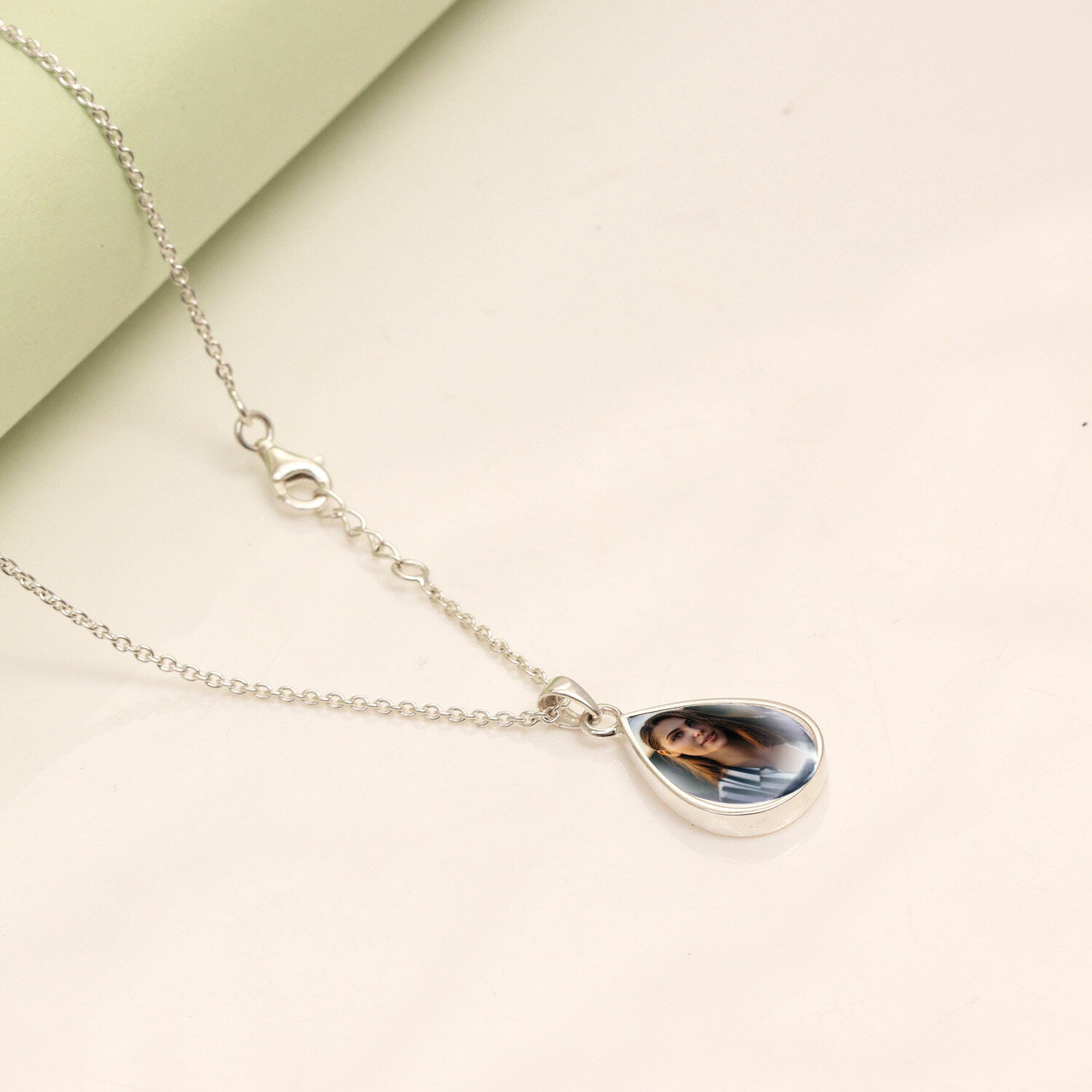 925 Sterling Silver Personalised Photo Double Sided Picture Drop Shape Transparent Resin Pendant Necklace with Personalised Photo & Message Box for Teen Women