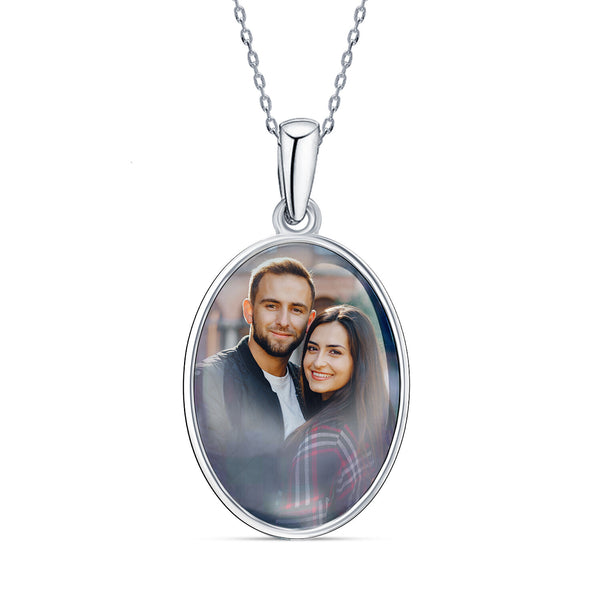 925 Sterling Silver Personalised Double Sided Oval Photo Custom Picture Transparent Resin Pendant Necklace with Personalised Photo & Message BOX for Teen Women